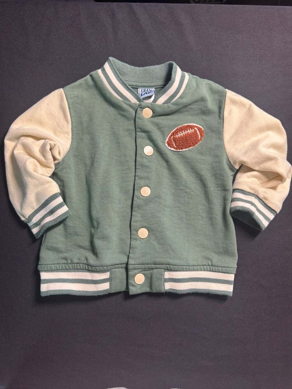 Little Lad Varsity Jacket Size 18M Green Football Patch Sweatshirt